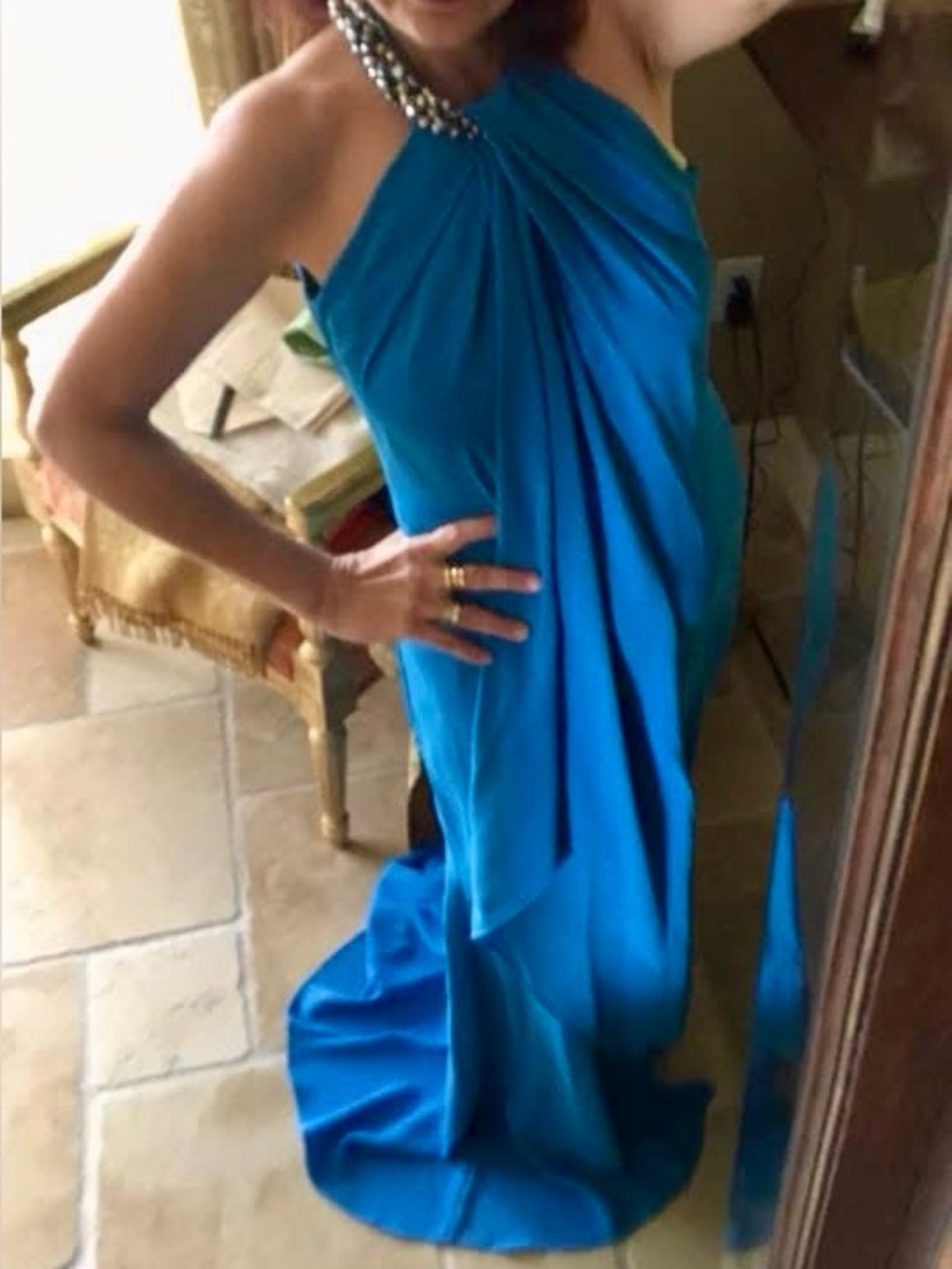 Carmen Marc Valvo Vibrant Turquoise Blue Halter-style Draped Dress